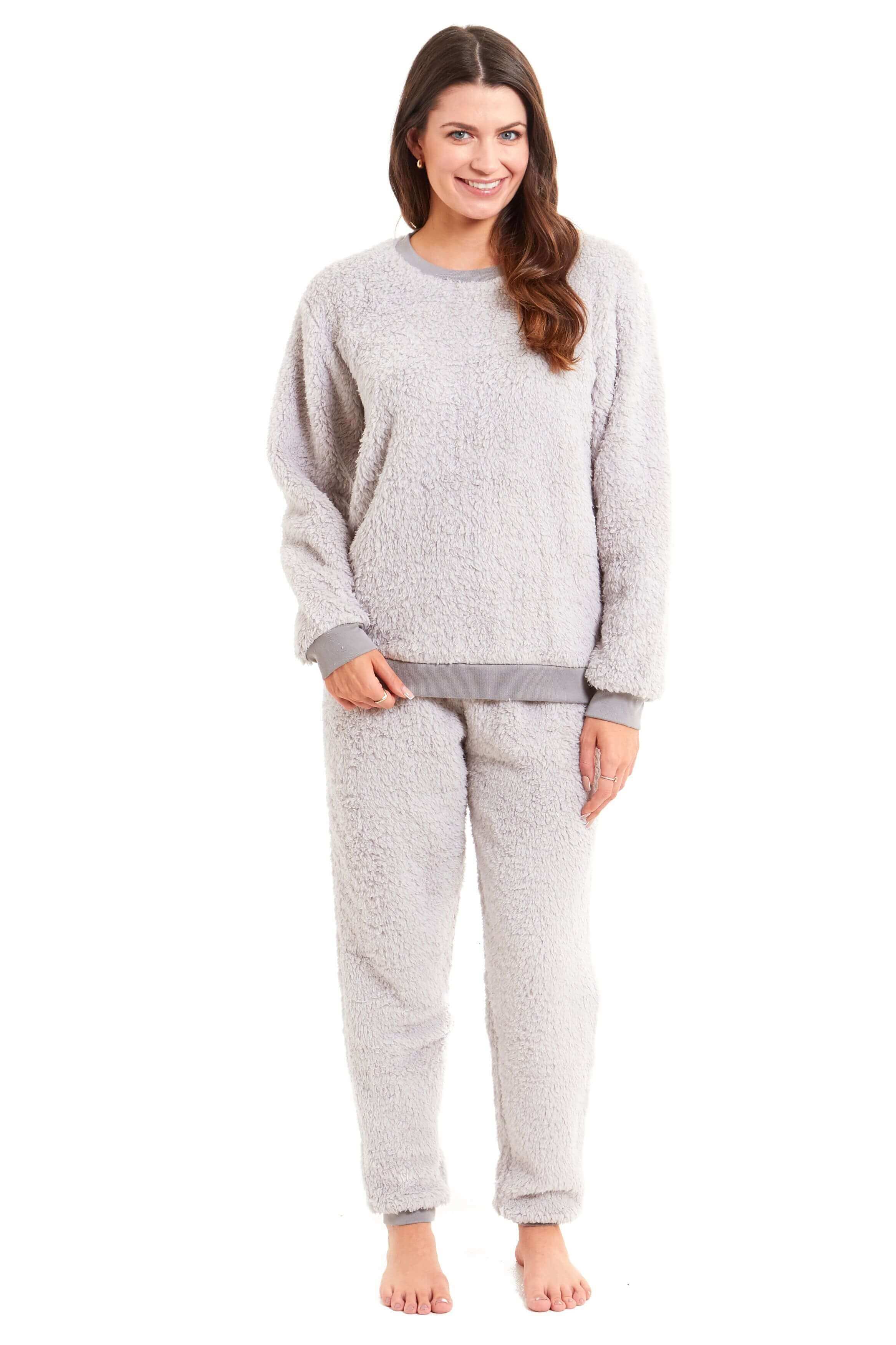 Women's Super Soft Teddy Fleece Lounge Set Fluffy Crew Neck Pyjama and Stretchable Loungewear in Grey Pink Ideal Nightwear Gift Available in S M L XL Sizes Daisy Dreamer