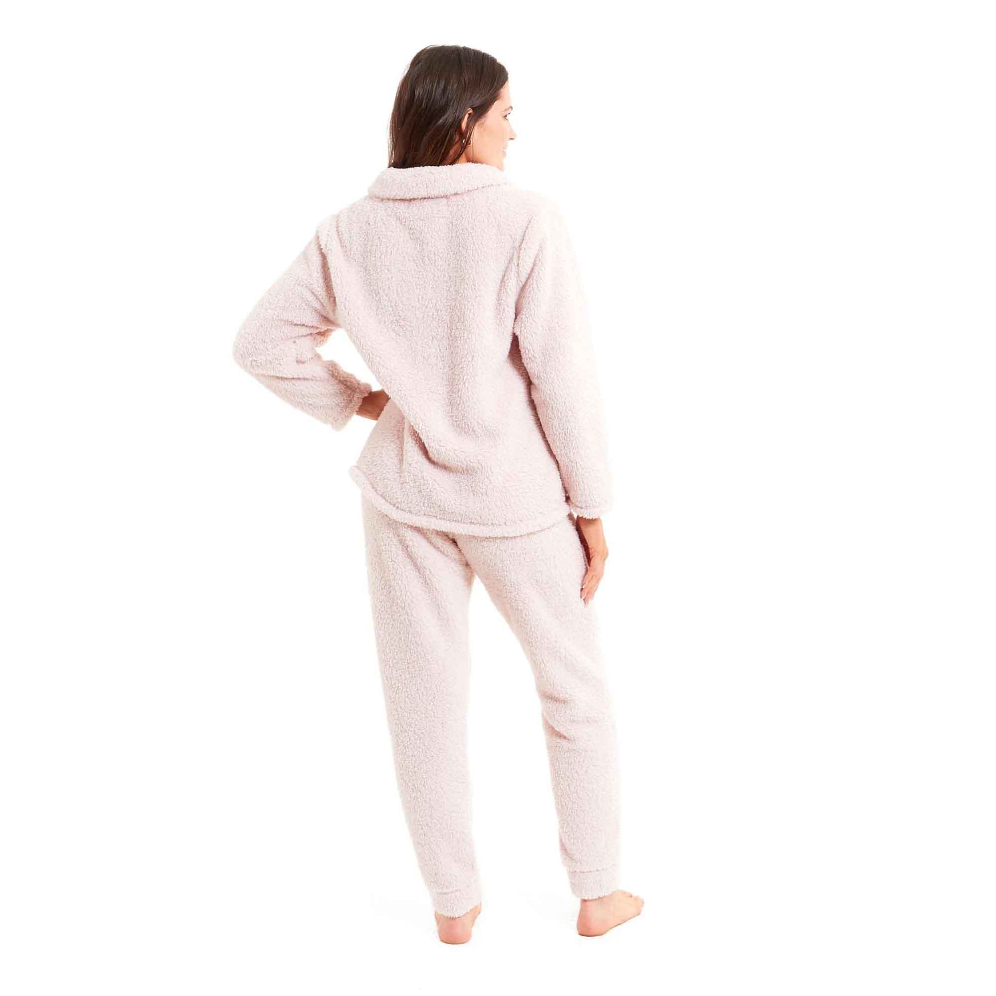 Women's Super Soft Teddy Fleece Loungewear Set Cozy Elasticated Waistband Pants and Zip Front Top in Pink Grey Cream Luxurious Nightwear