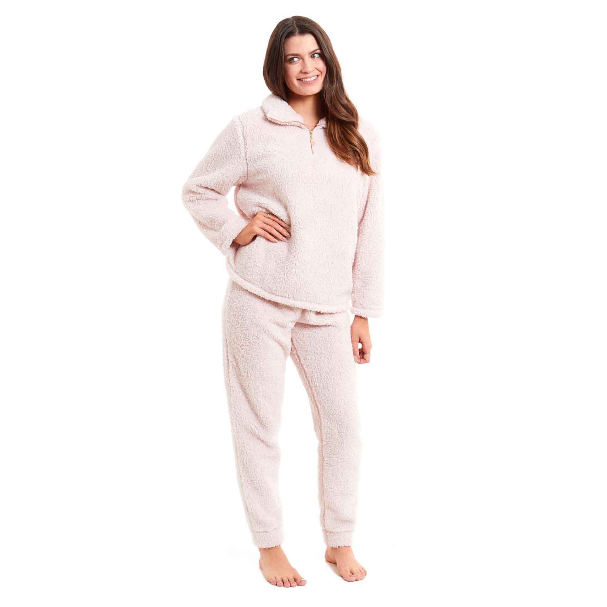 Women's Super Soft Teddy Fleece Loungewear Set Cozy Elasticated Waistband Pants and Zip Front Top in Pink Grey Cream Luxurious Nightwear
