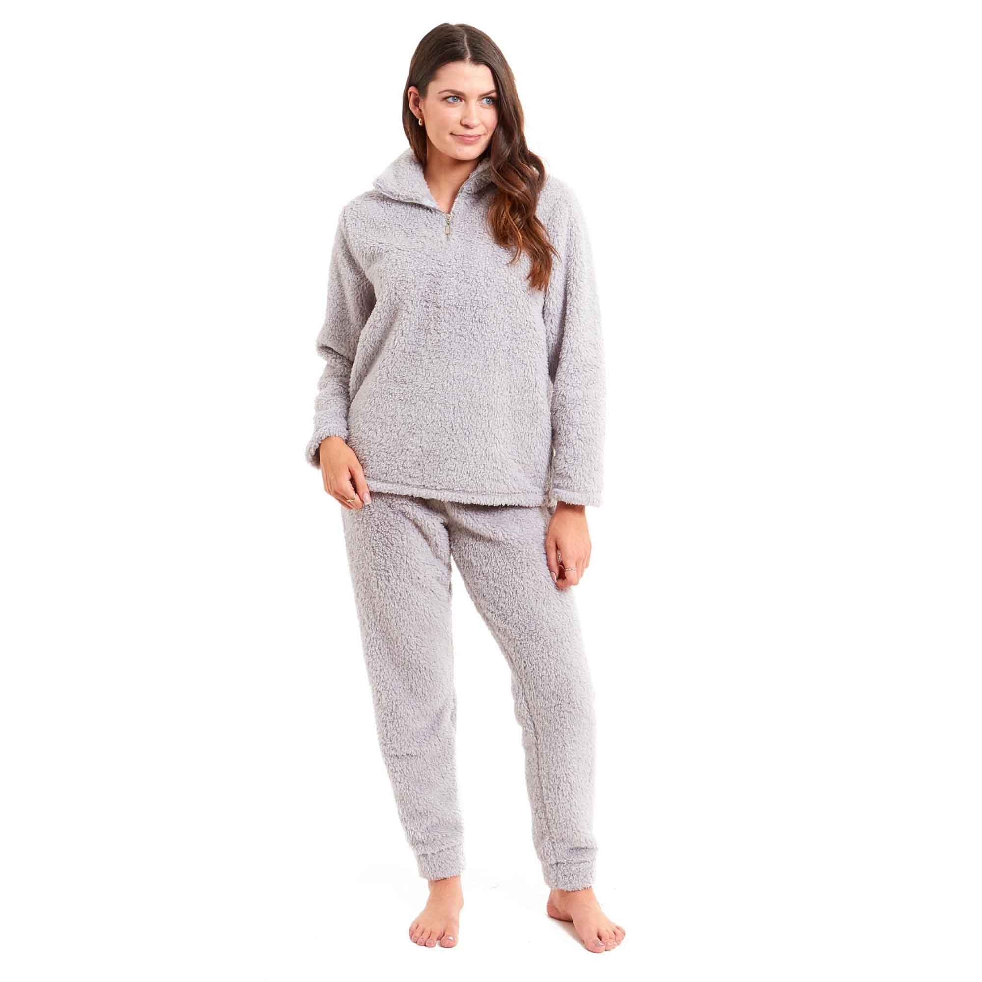 Women's Super Soft Teddy Fleece Loungewear Set Cozy Elasticated Waistband Pants and Zip Front Top in Pink Grey Cream Luxurious Nightwear