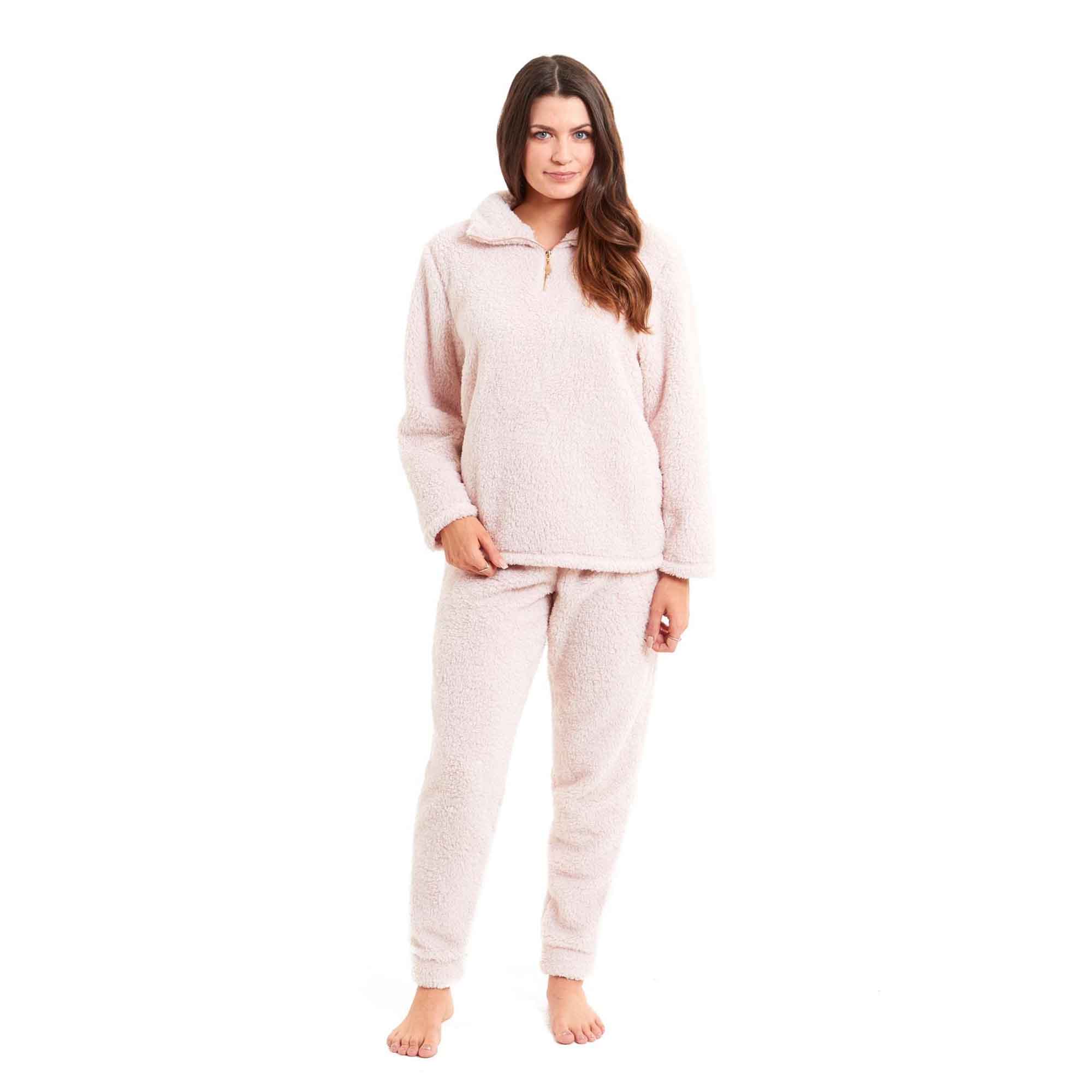Women's Super Soft Teddy Fleece Loungewear Set Cozy Elasticated Waistband Pants and Zip Front Top in Pink Grey Cream Luxurious Nightwear