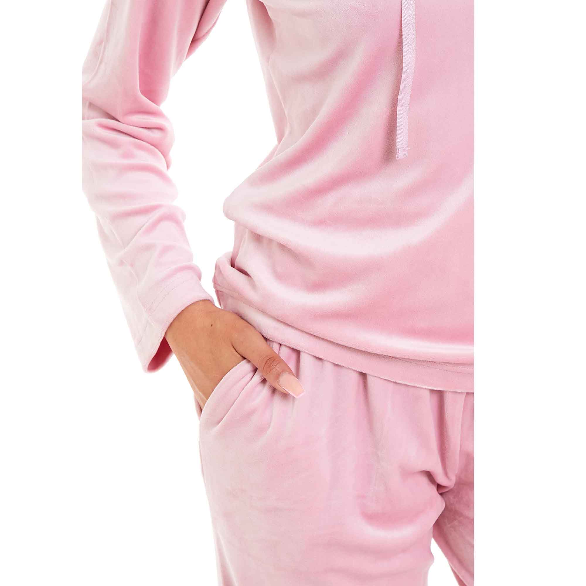 Women's Super Soft Velour Hooded Pyjama Set Comfortable Fleece Loungewear for Lounging Sleeping Pajama Parties in Pink Grey