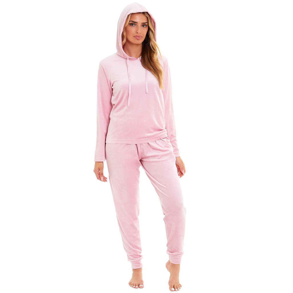 Women's Super Soft Velour Hooded Pyjama Set Comfortable Fleece Loungewear for Lounging Sleeping Pajama Parties in Pink Grey