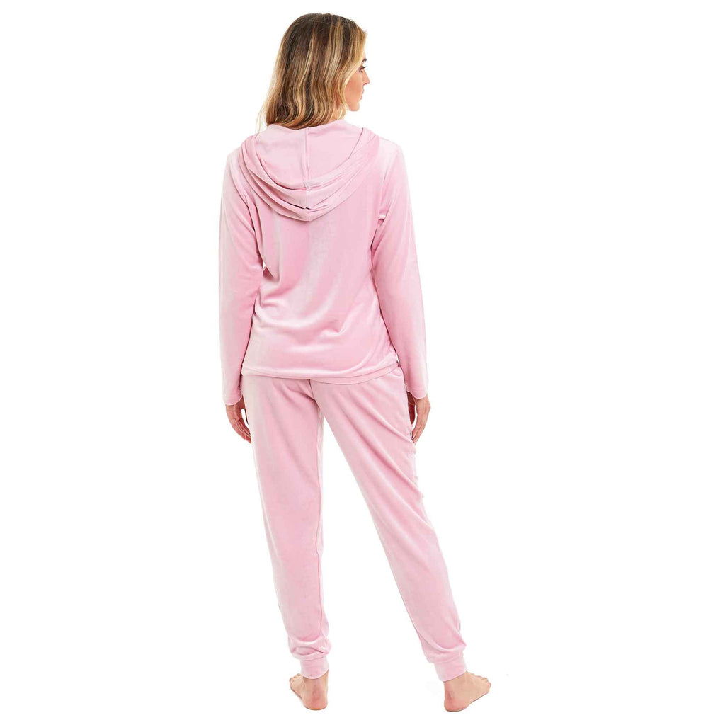 Women's Super Soft Velour Hooded Pyjama Set Comfortable Fleece Loungewear for Lounging Sleeping Pajama Parties in Pink Grey