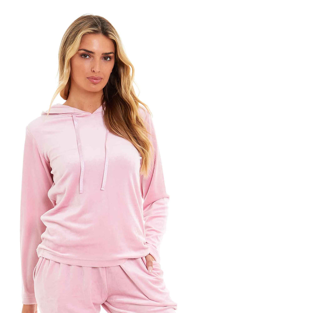 Women's Super Soft Velour Hooded Pyjama Set Comfortable Fleece Loungewear for Lounging Sleeping Pajama Parties in Pink Grey