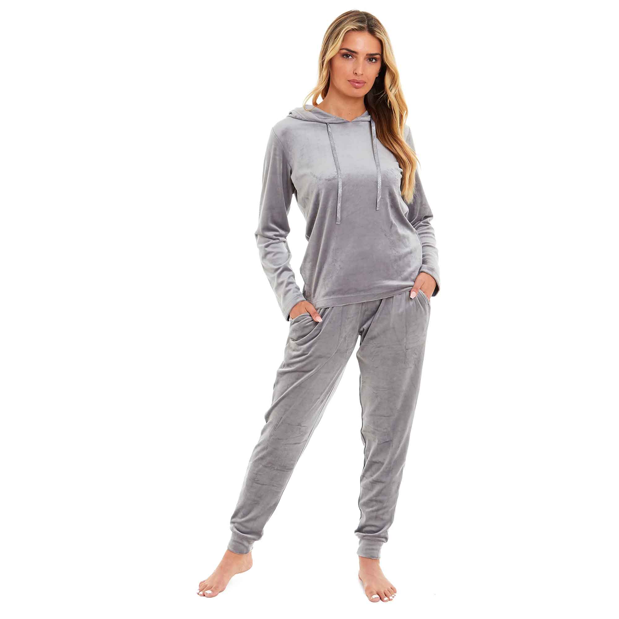 Women's Super Soft Velour Hooded Pyjama Set Comfortable Fleece Loungewear for Lounging Sleeping Pajama Parties in Pink Grey