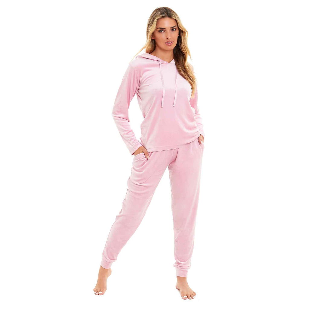 Women's Super Soft Velour Hooded Pyjama Set Comfortable Fleece Loungewear for Lounging Sleeping Pajama Parties in Pink Grey