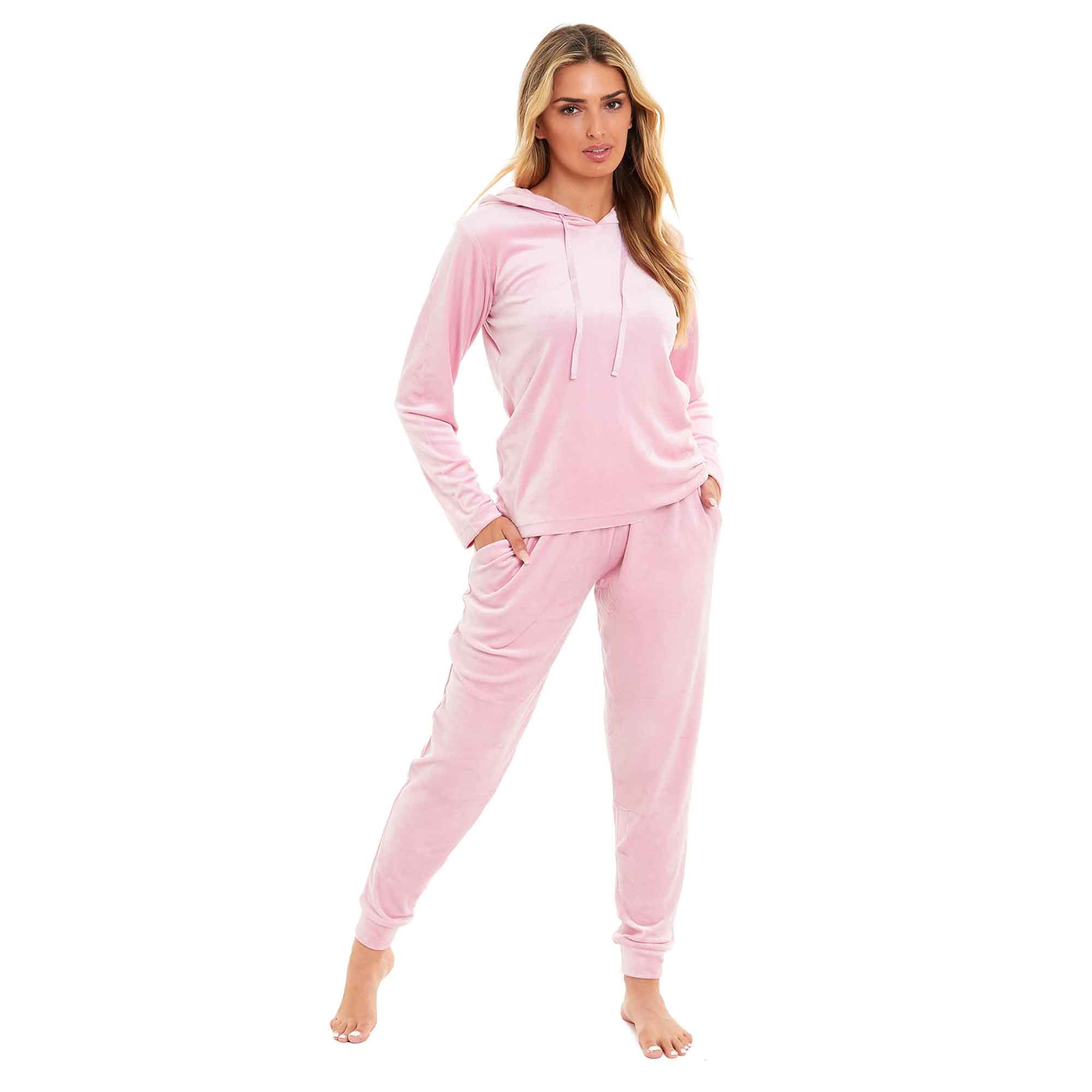 Women's Super Soft Velour Hooded Pyjama Set Comfortable Fleece Loungewear for Lounging Sleeping Pajama Parties in Pink Grey