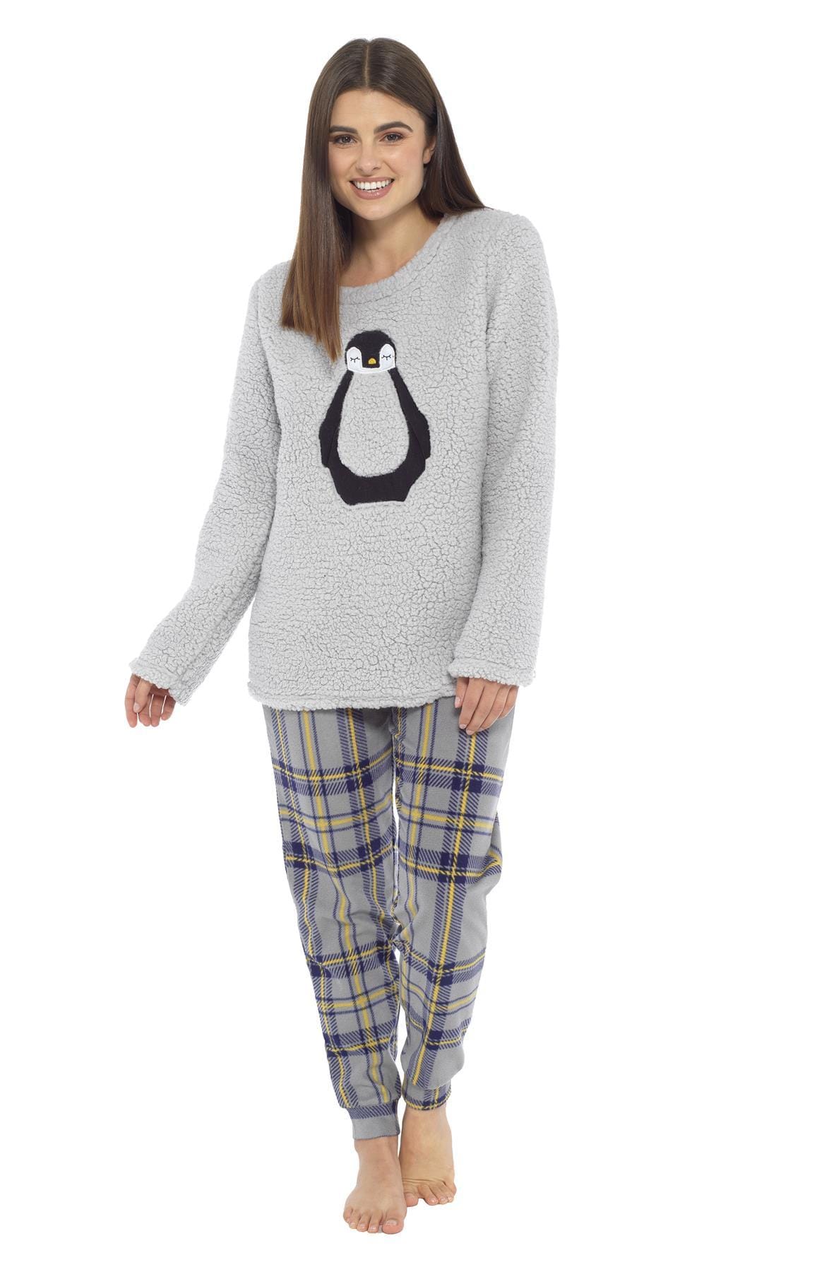 Women's Teddy Fleece Pyjama Set with Penguin Design Soft Cosy Nightwear Stylish Loungewear Warm Snuggle PJs with Contrasting Bottoms for Chilly Evenings