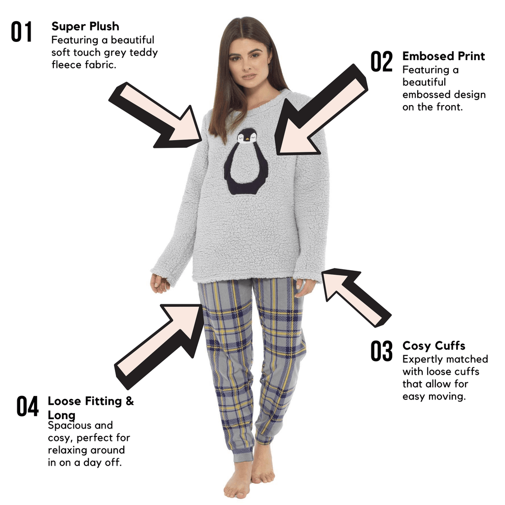 Women's Teddy Fleece Pyjama Set with Penguin Design Soft Cosy Nightwear Stylish Loungewear Warm Snuggle PJs with Contrasting Bottoms for Chilly Evenings