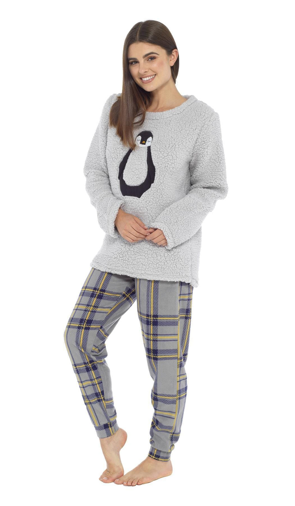 Women's Teddy Fleece Pyjama Set with Penguin Design Soft Cosy Nightwear Stylish Loungewear Warm Snuggle PJs with Contrasting Bottoms for Chilly Evenings