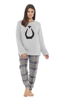 Women's Teddy Fleece Pyjama Set with Penguin Design Soft Cosy Nightwear Stylish Loungewear Warm Snuggle PJs with Contrasting Bottoms for Chilly Evenings