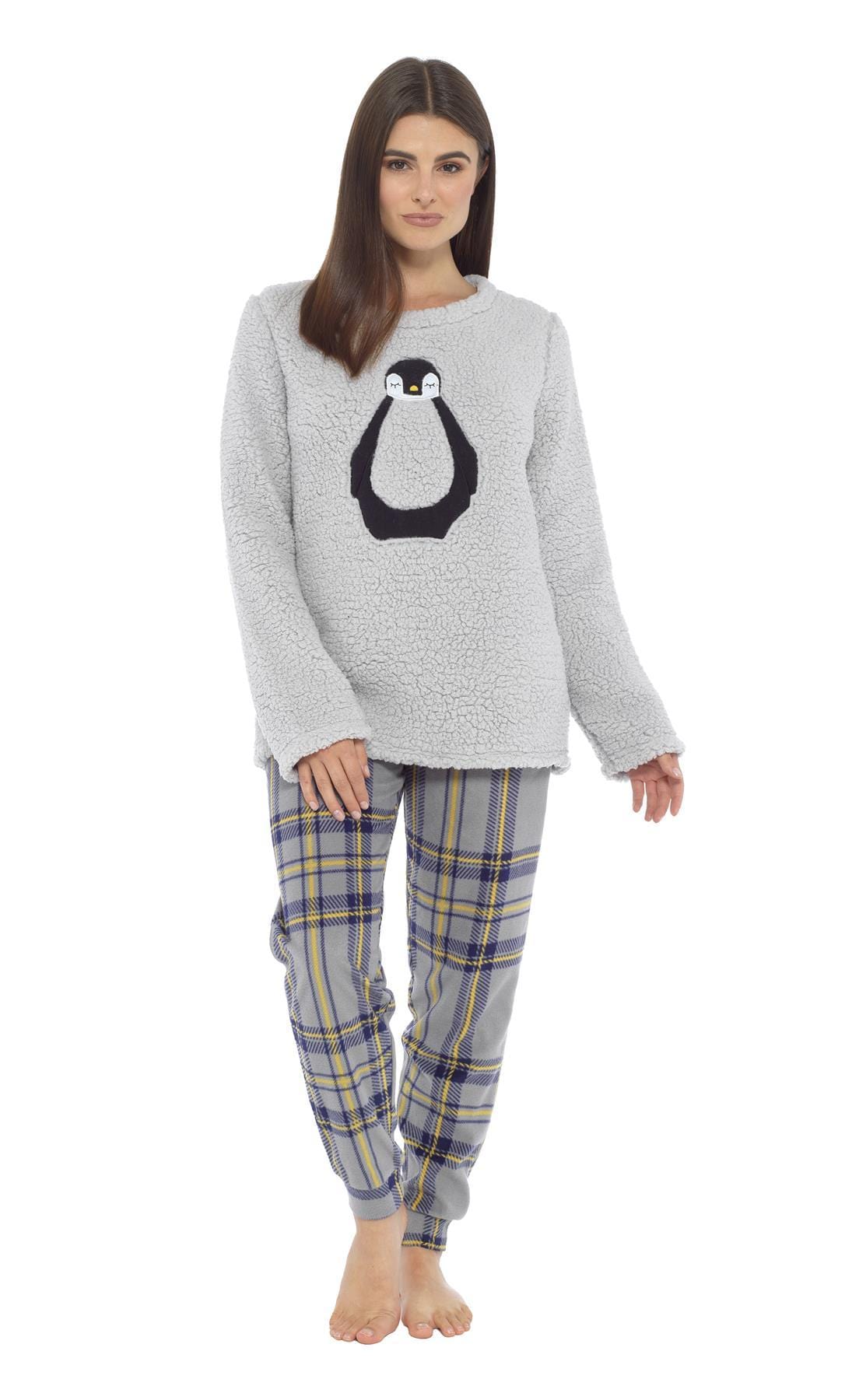 Women's Teddy Fleece Pyjama Set with Penguin Design Soft Cosy Nightwear Stylish Loungewear Warm Snuggle PJs with Contrasting Bottoms for Chilly Evenings