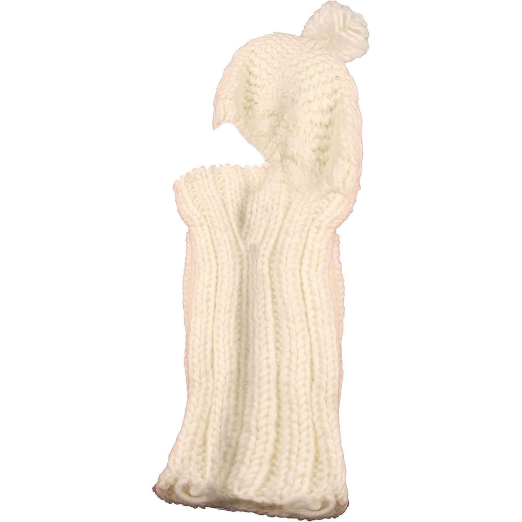 Cream knit beanie with pom-pom and matching snood scarf, thick rib texture
