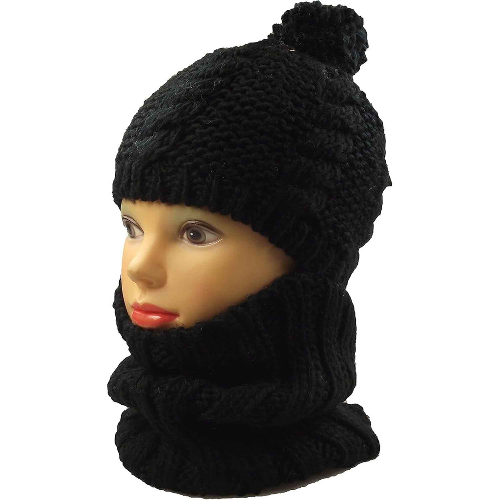 Women's Thermal Beanie Hat with Cable Knit Design and Pom Pom 2-In-1 Snood Scarf Winter Accessory in Cream Pink Black Grey Sock Stack