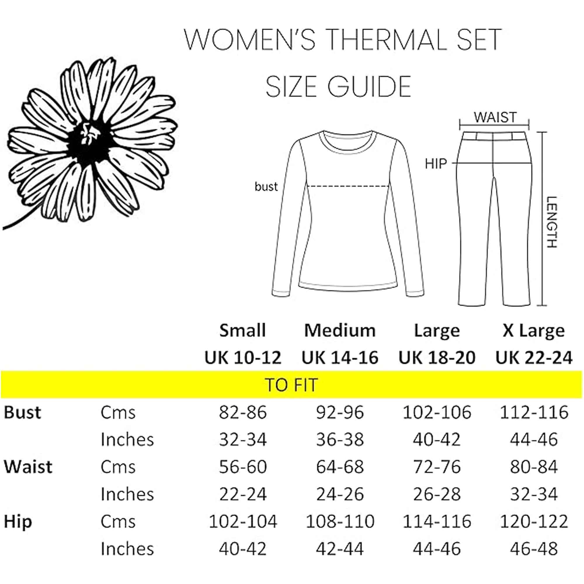 Women's Thermal Long Sleeve Top and Long Jane Pants Set Winter Base Layers Warm Insulating Cotton Rich Fabric Sizes S to XXL Multiple Colours