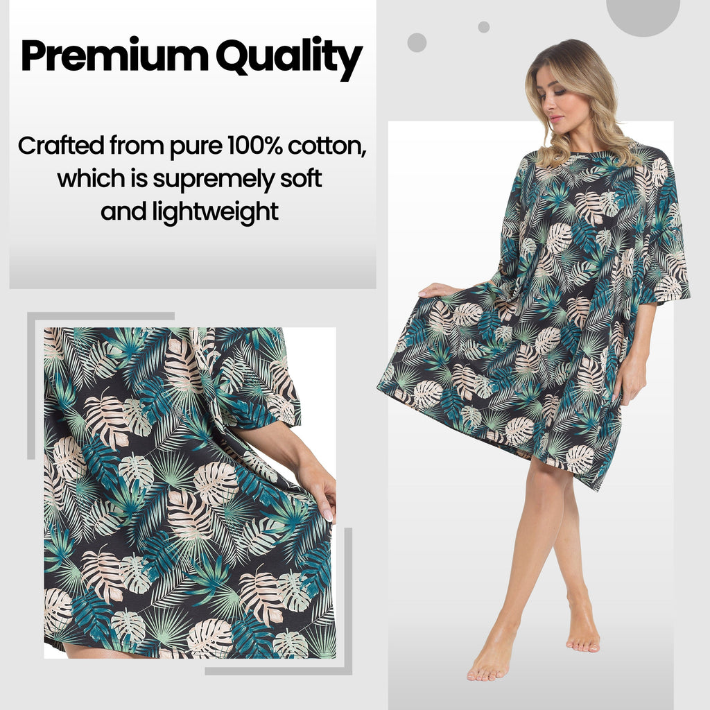 Women's Tropical Baggy Nighty Dress Oversized T-Shirt Nighties 100% Cotton Short Sleeved Nightshirt for Ladies