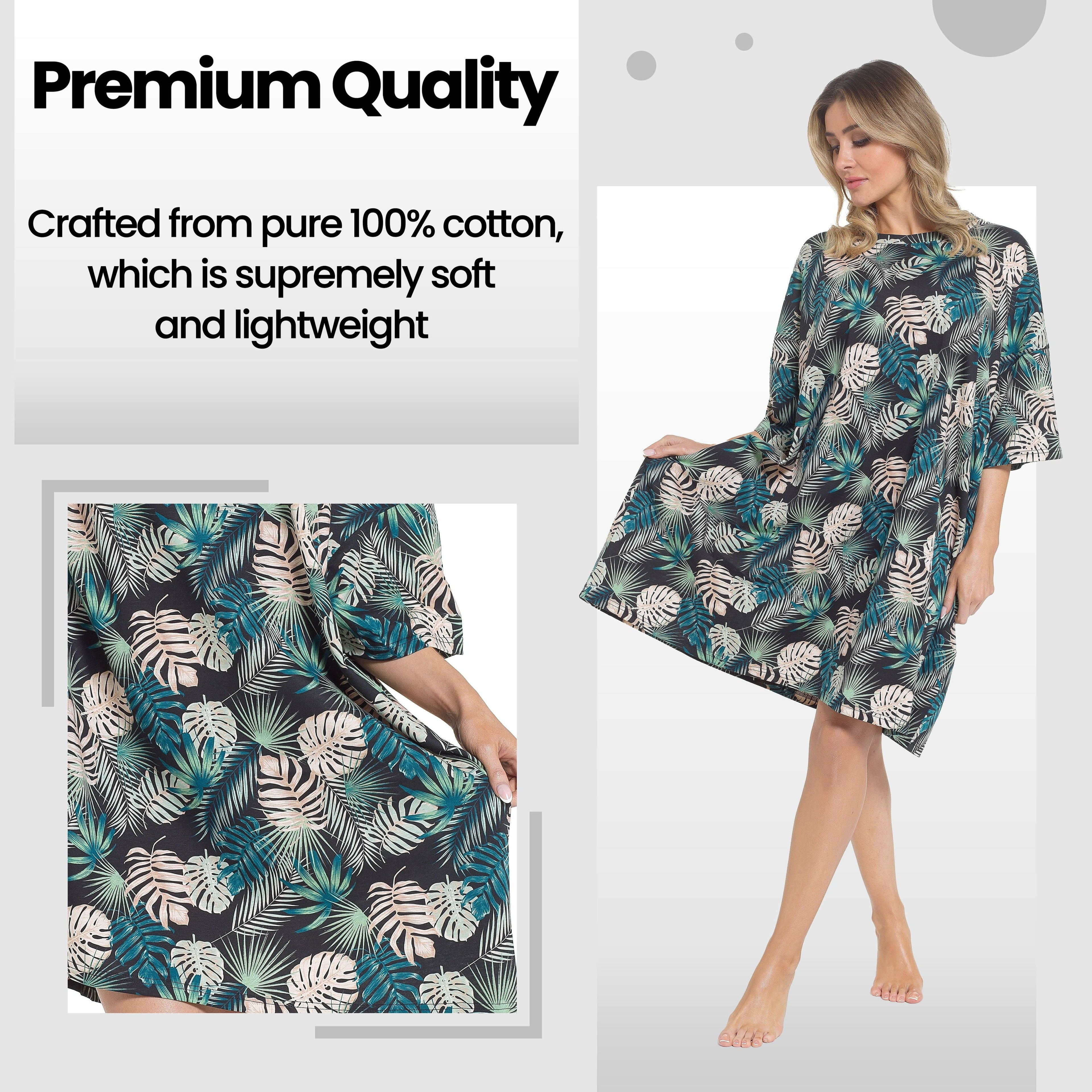 Women's Tropical Baggy Nighty Dress Oversized T-Shirt Nighties 100% Cotton Short Sleeved Nightshirt for Ladies
