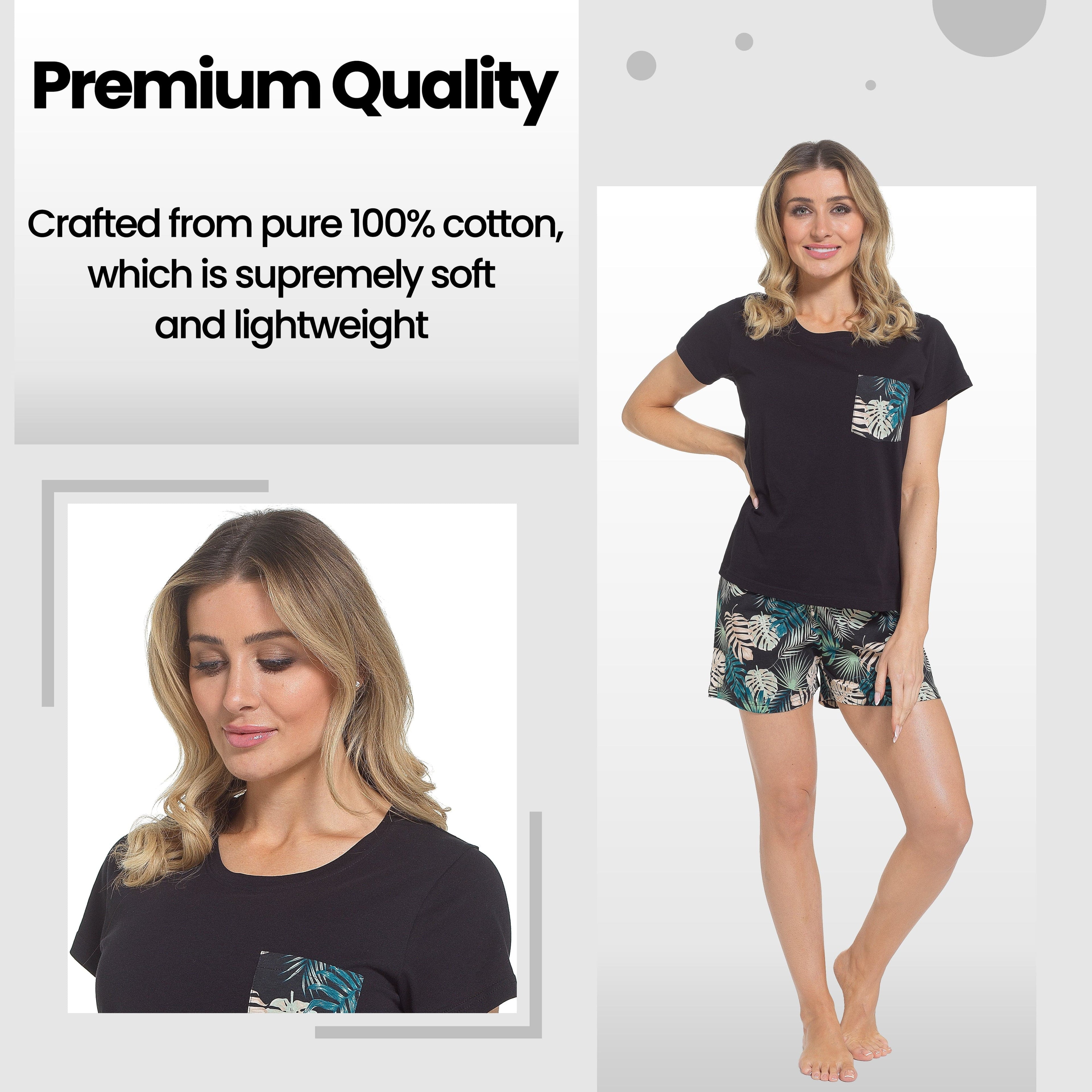 Women's Tropical Pyjama Set T-Shirt & Shorts PJs Soft Cotton Loungewear Summer Holiday Sleepwear