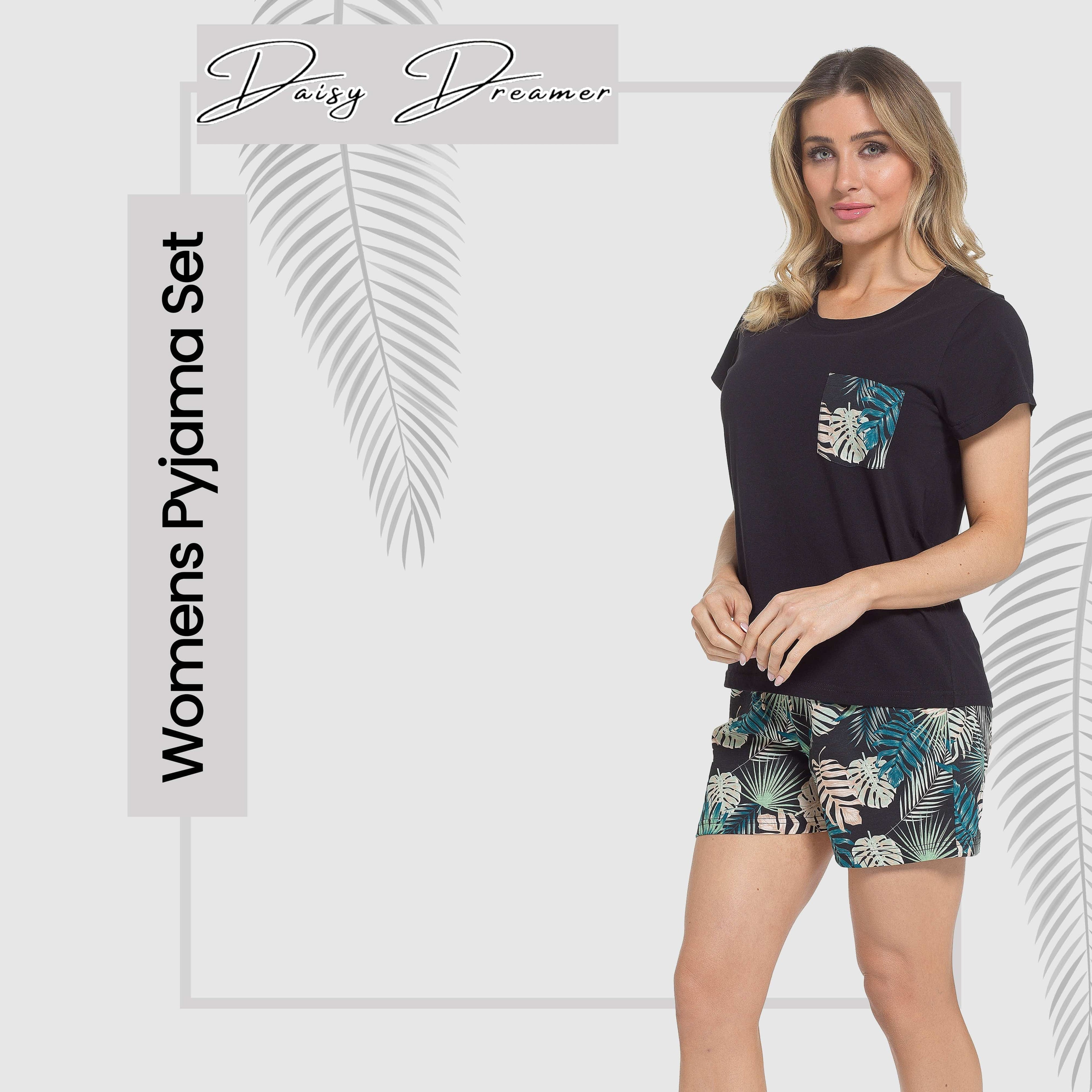 Women's Tropical Pyjama Set T-Shirt & Shorts PJs Soft Cotton Loungewear Summer Holiday Sleepwear
