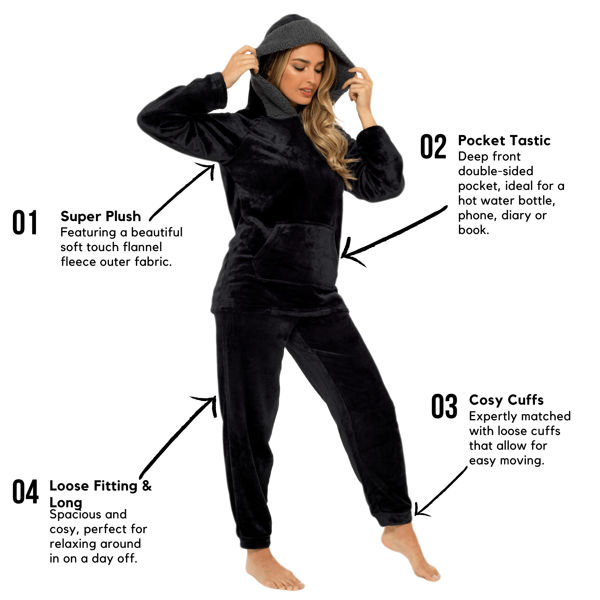 Women's Ultra-Soft Black Plush Fleece Hooded Pyjama Set with Sherpa Lining Cosy Durable Nightwear Sizes S to XL