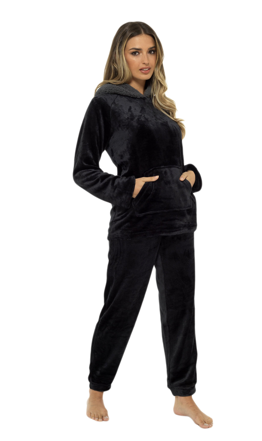 Women's Ultra-Soft Black Plush Fleece Hooded Pyjama Set with Sherpa Lining Cosy Durable Nightwear Sizes S to XL