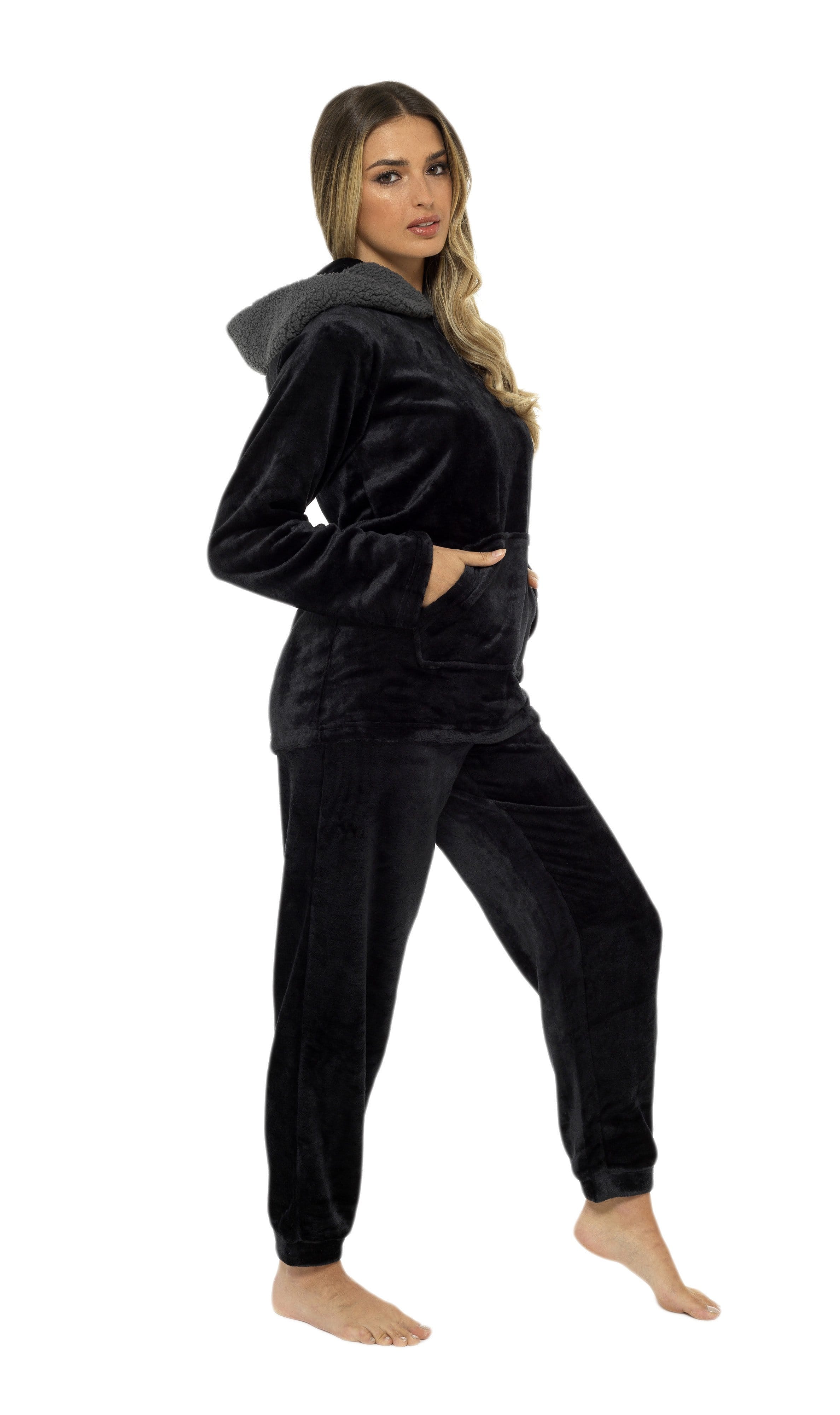 Women's Ultra-Soft Black Plush Fleece Hooded Pyjama Set with Sherpa Lining Cosy Durable Nightwear Sizes S to XL