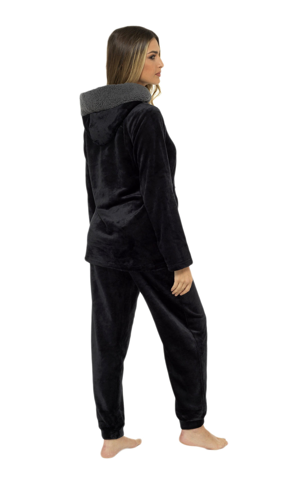 Women's Ultra-Soft Black Plush Fleece Hooded Pyjama Set with Sherpa Lining Cosy Durable Nightwear Sizes S to XL