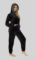 Women's Ultra-Soft Black Plush Fleece Hooded Pyjama Set with Sherpa Lining Cosy Durable Nightwear Sizes S to XL