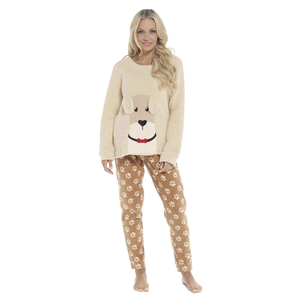 Women's Ultra-Soft Fleece Dog Snuggle Pyjama Set with Elasticated Patterned Pants Cozy Long Sleeve Top Winter Loungewear Sleepwear UK Sizes 8-22