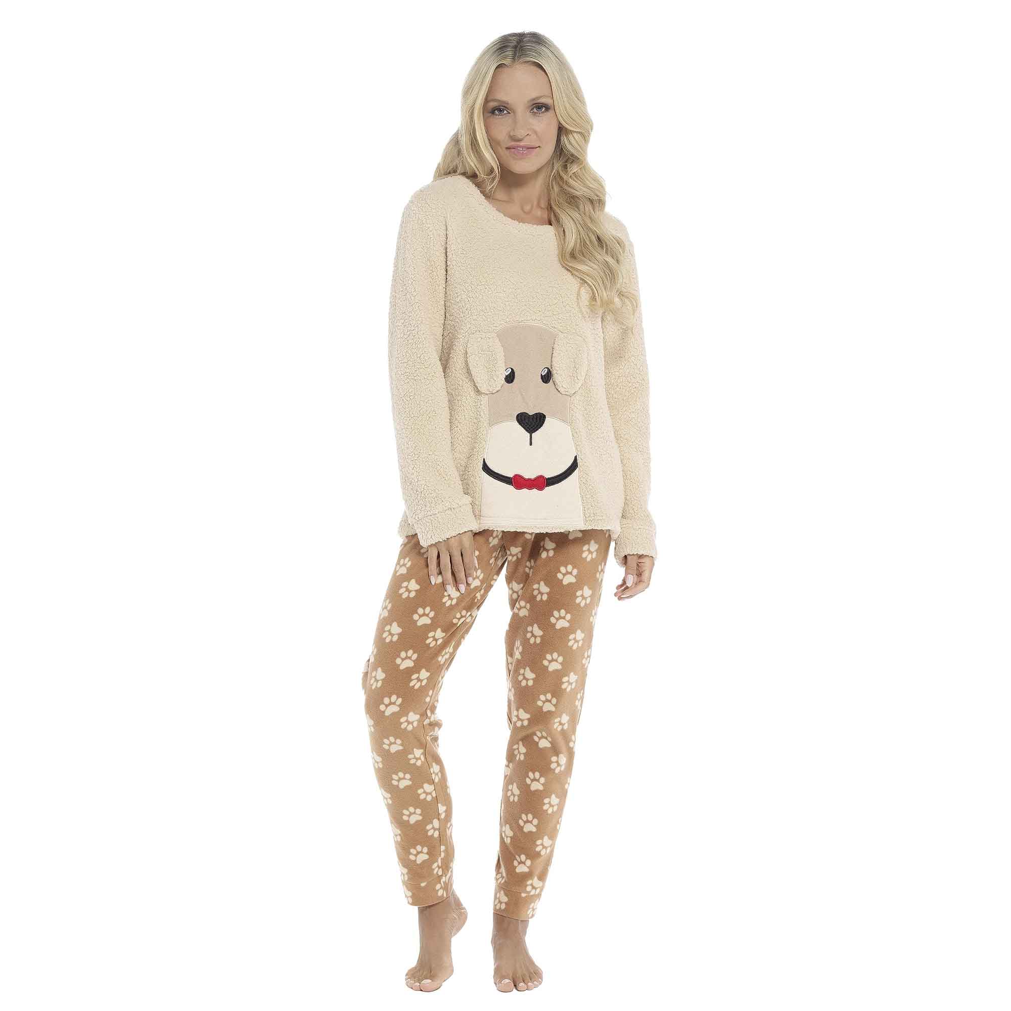 Women's Ultra-Soft Fleece Dog Snuggle Pyjama Set with Elasticated Patterned Pants Cozy Long Sleeve Top Winter Loungewear Sleepwear UK Sizes 8-22