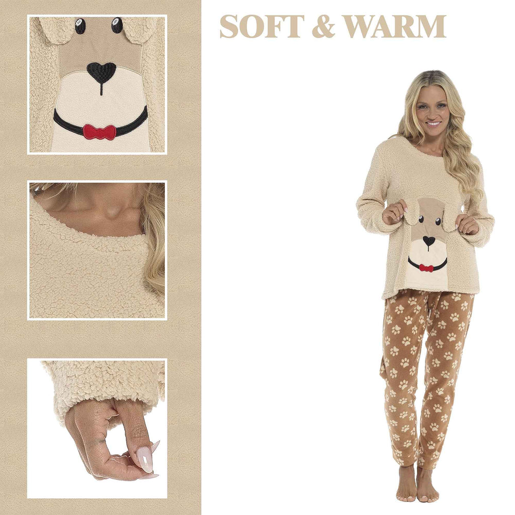 Women's Ultra-Soft Fleece Dog Snuggle Pyjama Set with Elasticated Patterned Pants Cozy Long Sleeve Top Winter Loungewear Sleepwear UK Sizes 8-22