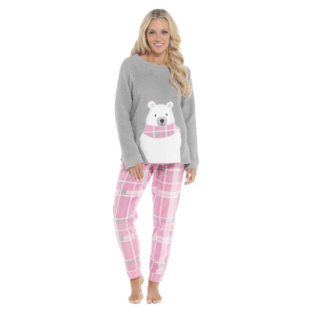 Women's Ultra-Soft Fleece Pyjama Set Cozy Polar Bear Print Long Sleeve Top and Elasticated Bottoms Warm Winter Nightwear