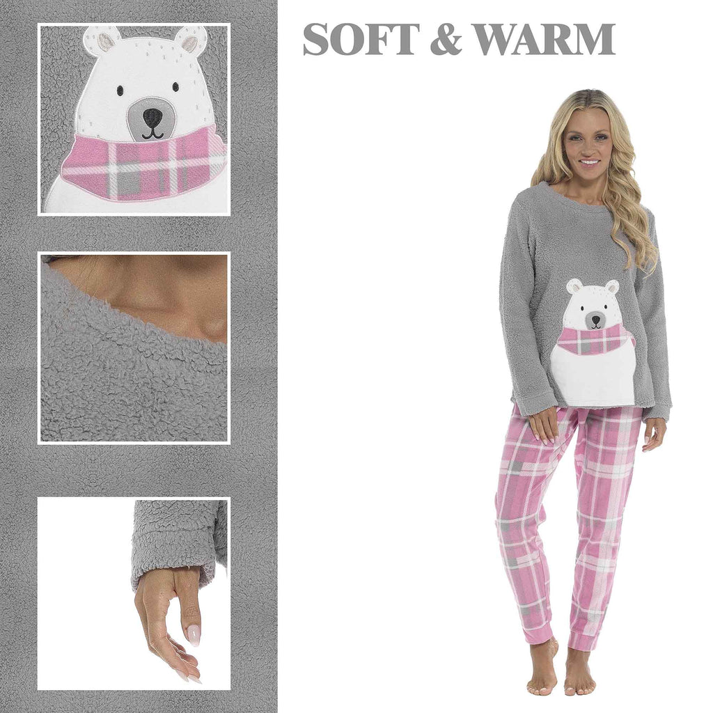 Women's Ultra-Soft Fleece Pyjama Set Cozy Polar Bear Print Long Sleeve Top and Elasticated Bottoms Warm Winter Nightwear