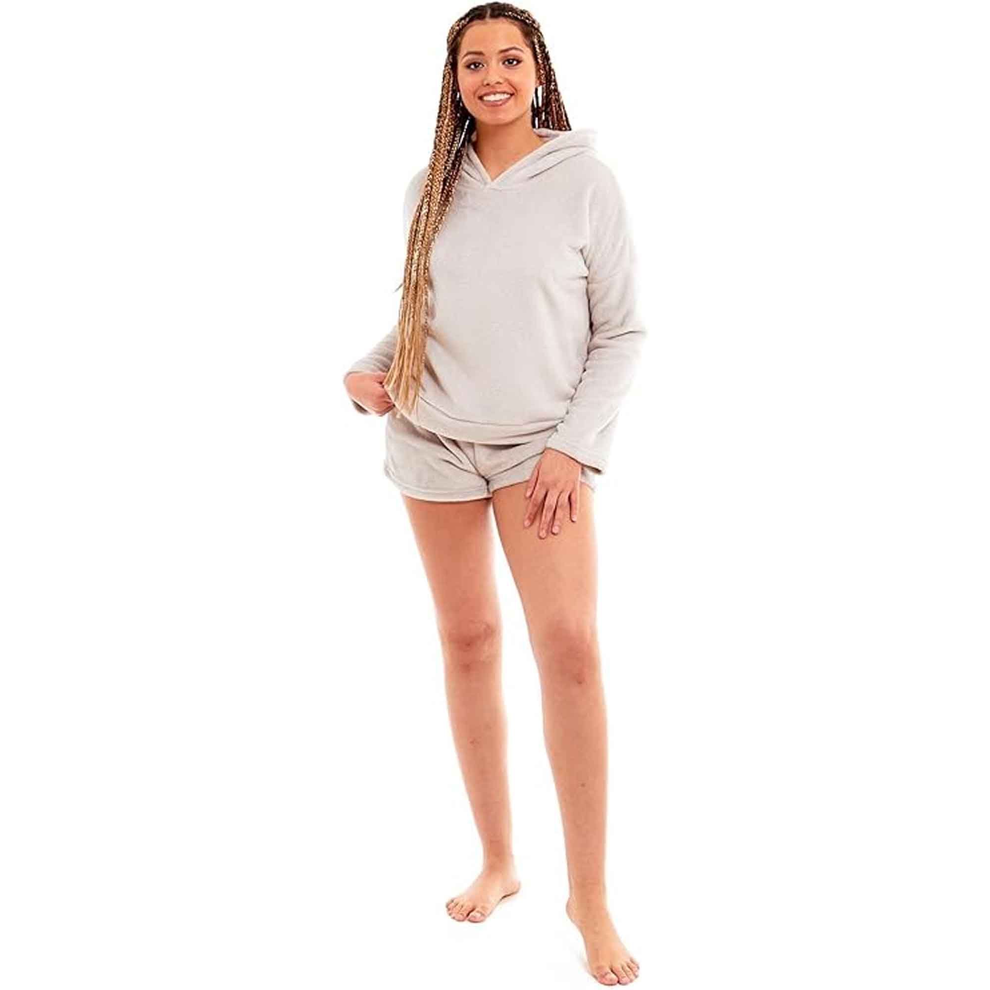 Women's Ultra Soft Fleece Pyjama Set with Hooded Top and Shorts Cozy Loungewear Homewear Available in Pink and Grey All Seasons Daisy Dreamer