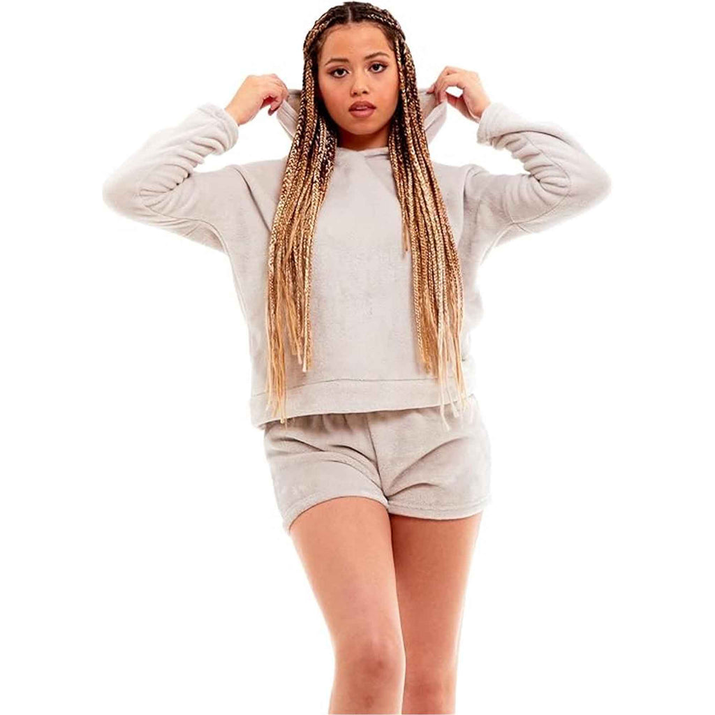 Women's Ultra Soft Fleece Pyjama Set with Hooded Top and Shorts Cozy Loungewear Homewear Available in Pink and Grey All Seasons Daisy Dreamer