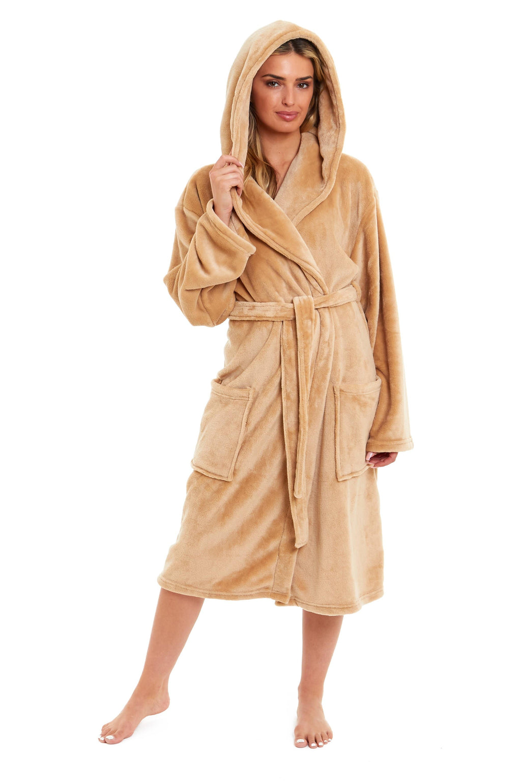 Women's Ultra-Soft Hooded Plush Fleece Dressing Gown Warm Velvet Bathrobe for Lounging and Relaxing in Winter