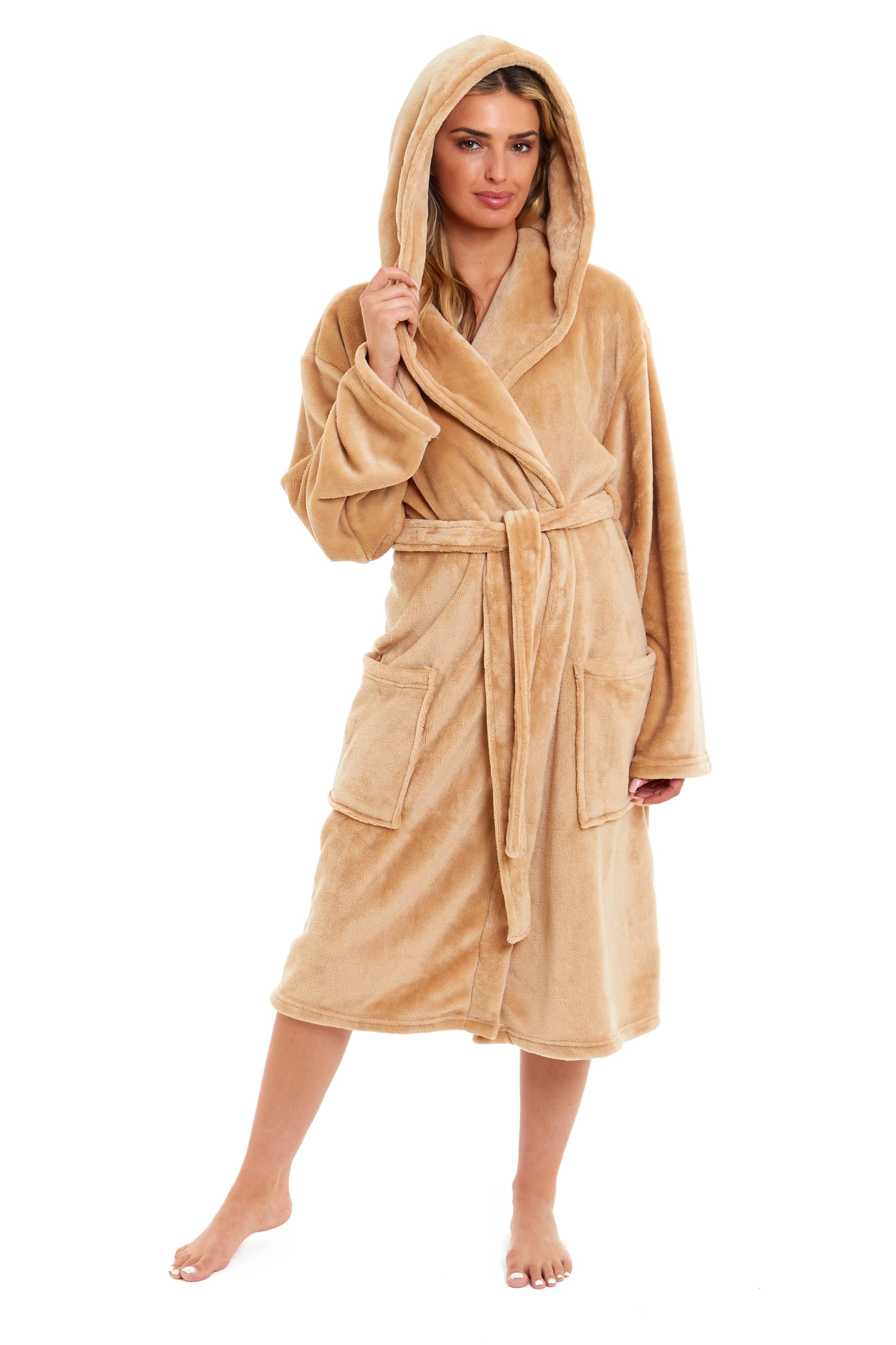 Women's Ultra-Soft Hooded Plush Fleece Dressing Gown Warm Velvet Bathrobe for Lounging and Relaxing in Winter