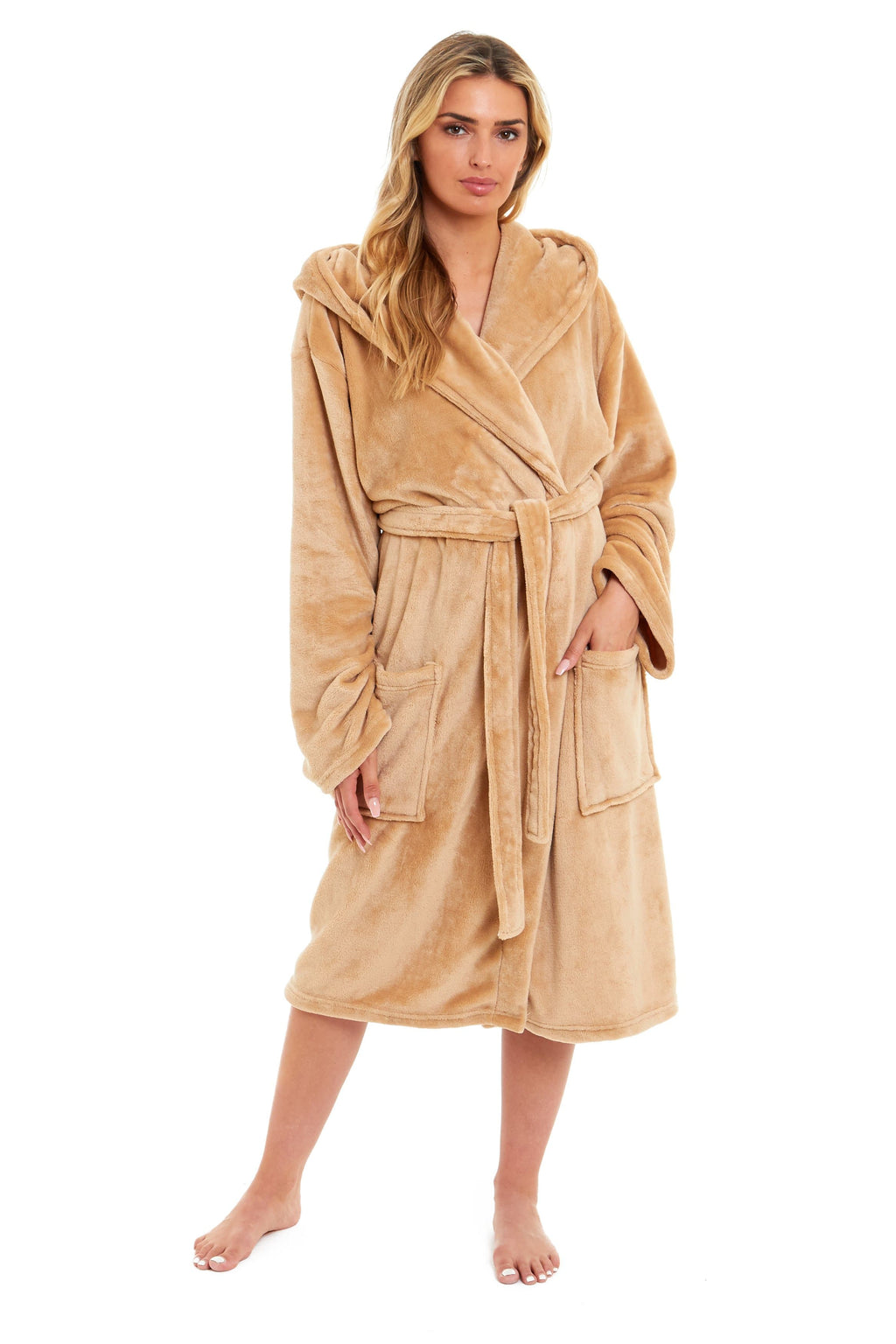 Women's Ultra-Soft Hooded Plush Fleece Dressing Gown Warm Velvet Bathrobe for Lounging and Relaxing in Winter