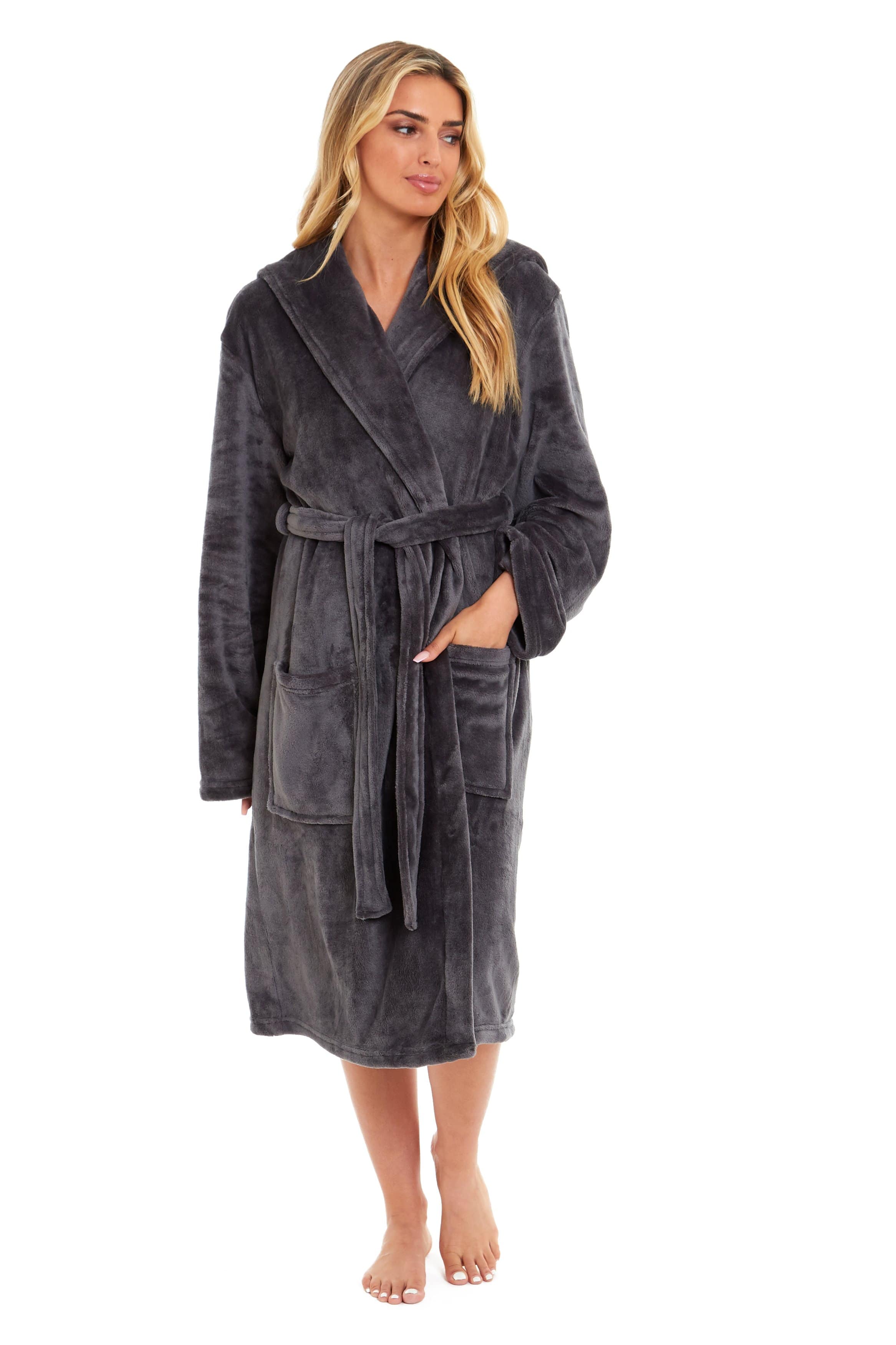 Women's Ultra-Soft Hooded Plush Fleece Dressing Gown Warm Velvet Bathrobe for Lounging and Relaxing in Winter