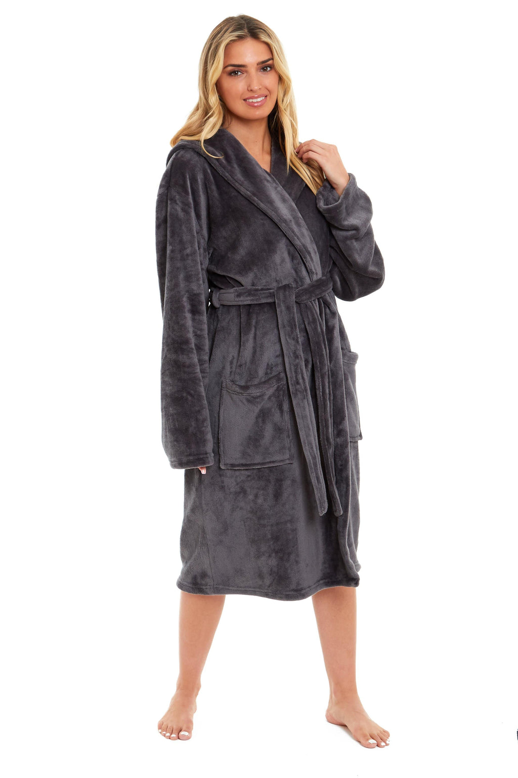 Women's Ultra-Soft Hooded Plush Fleece Dressing Gown Warm Velvet Bathrobe for Lounging and Relaxing in Winter
