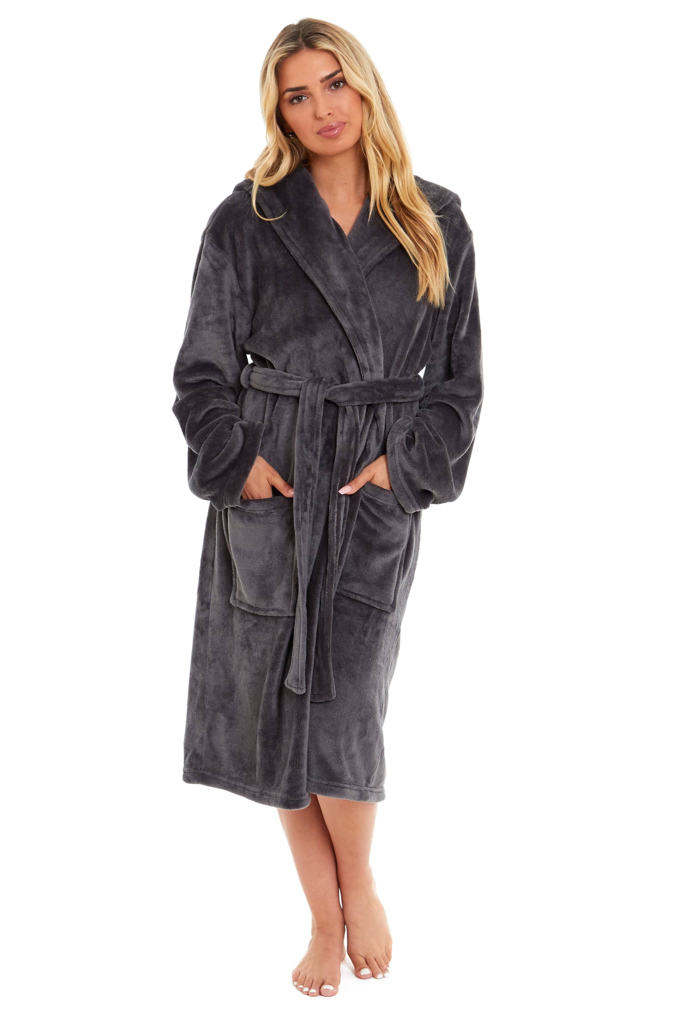 Women's Ultra-Soft Hooded Plush Fleece Dressing Gown Warm Velvet Bathrobe for Lounging and Relaxing in Winter
