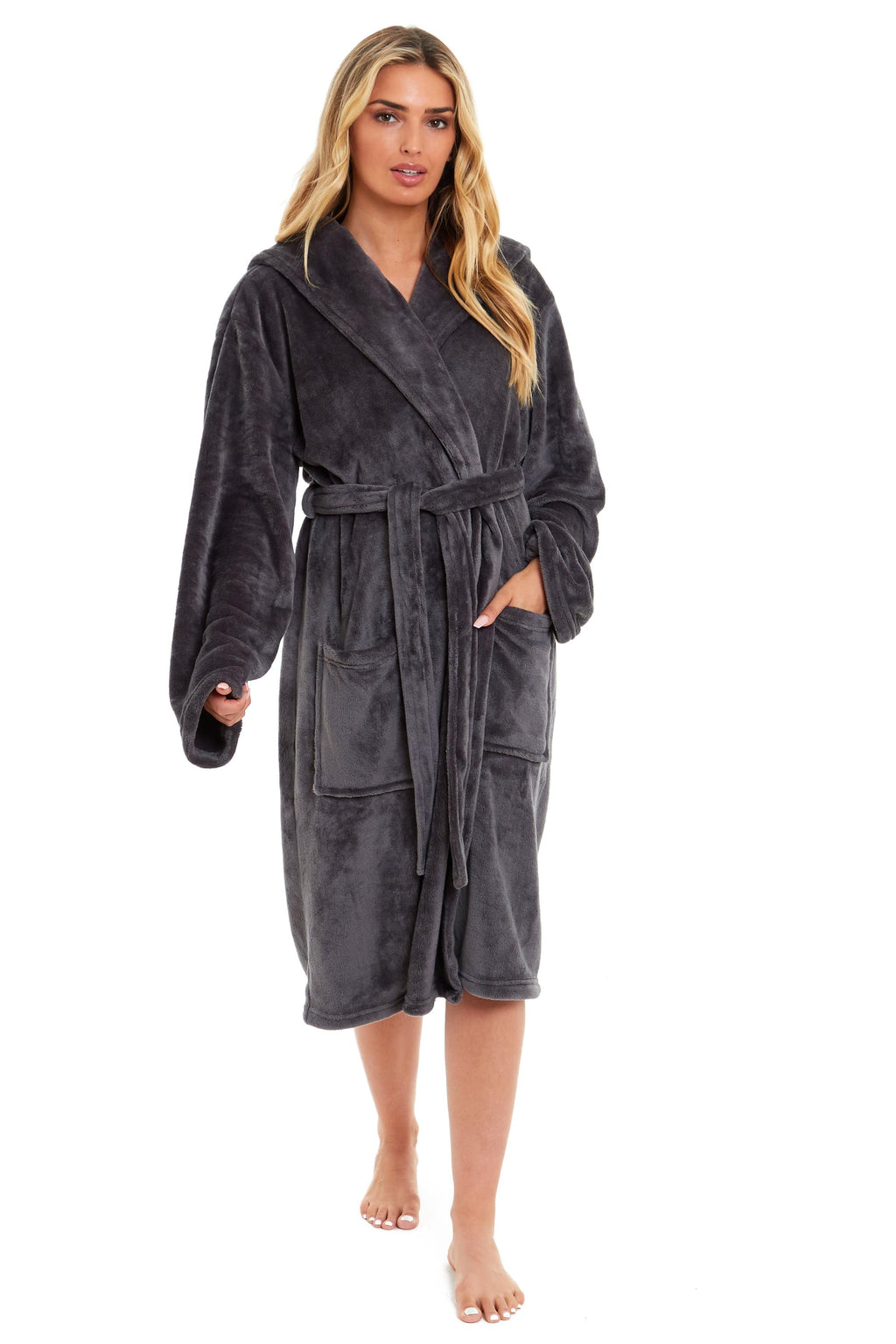 Women's Ultra-Soft Hooded Plush Fleece Dressing Gown Warm Velvet Bathrobe for Lounging and Relaxing in Winter