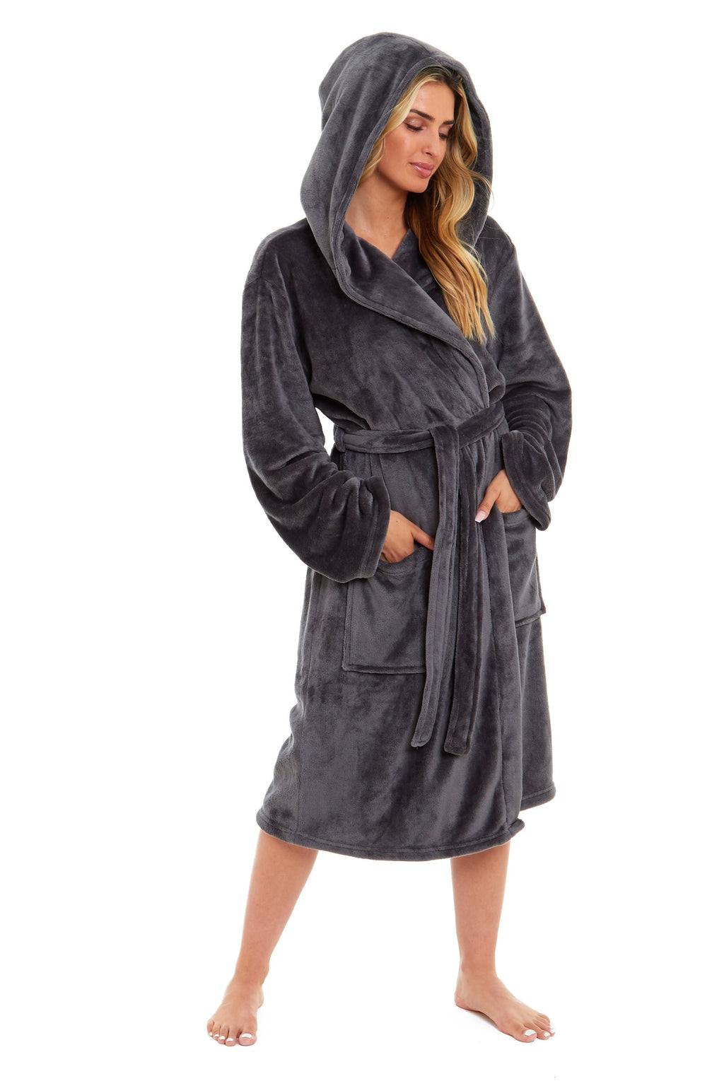 Women's Ultra-Soft Hooded Plush Fleece Dressing Gown Warm Velvet Bathrobe for Lounging and Relaxing in Winter
