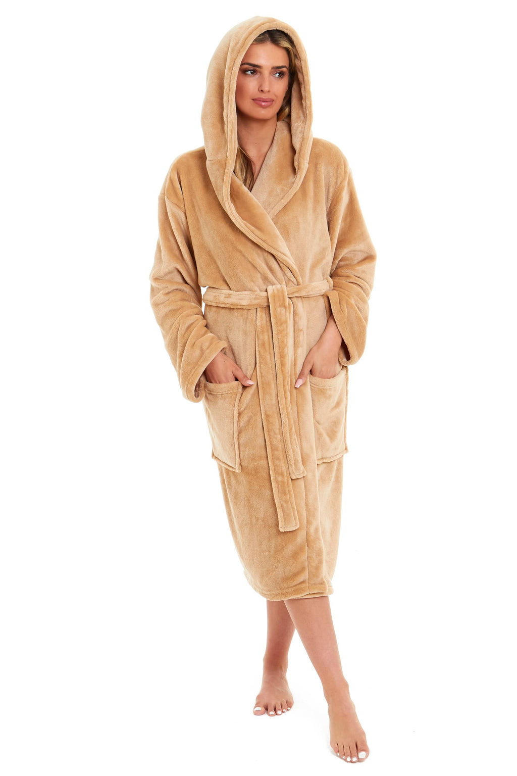 Women's Ultra-Soft Hooded Plush Fleece Dressing Gown Warm Velvet Bathrobe for Lounging and Relaxing in Winter