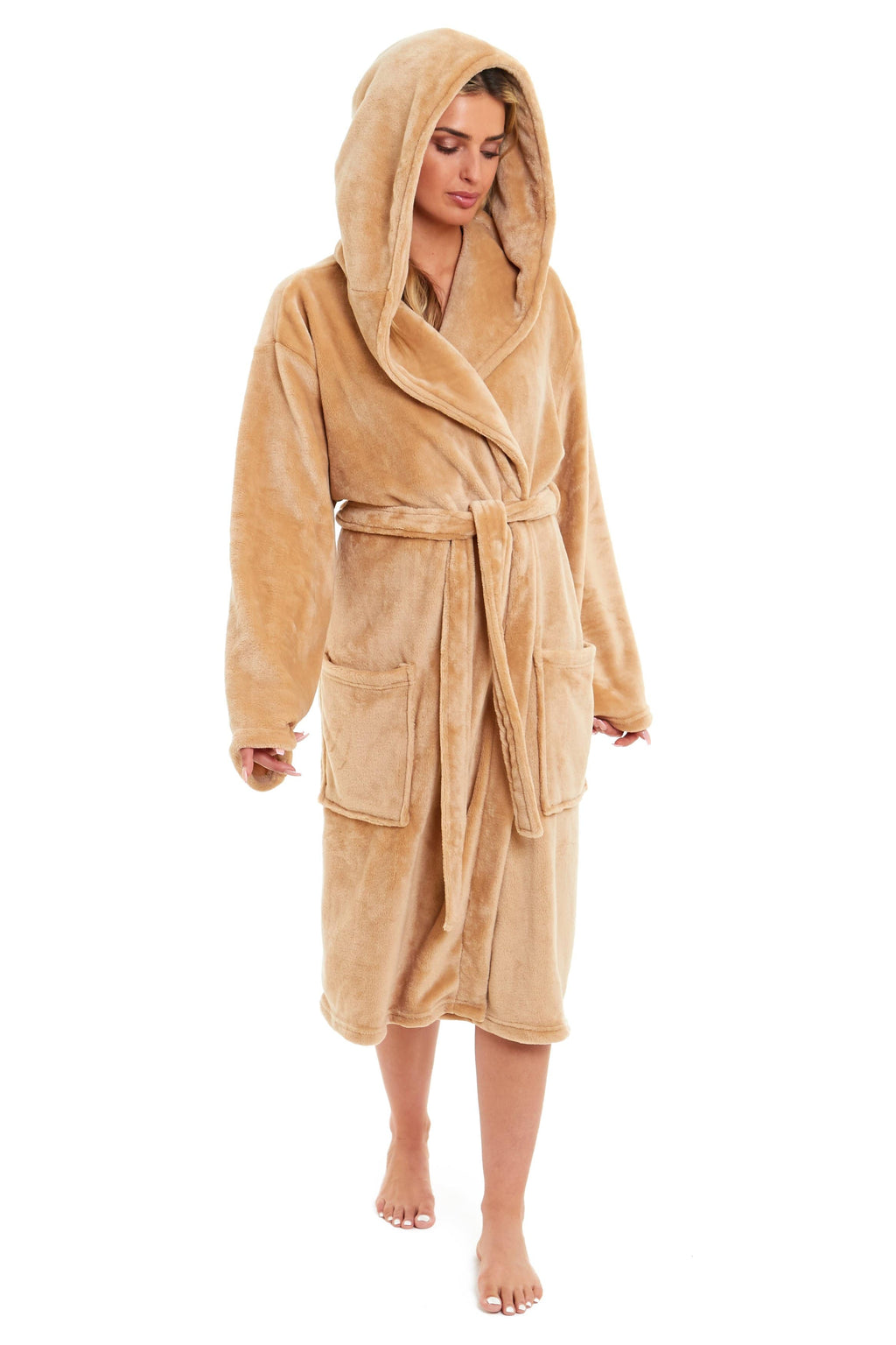 Women's Ultra-Soft Hooded Plush Fleece Dressing Gown Warm Velvet Bathrobe for Lounging and Relaxing in Winter