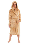 Women’s beige plush hooded dressing gown robe with waist tie belt and patch pockets