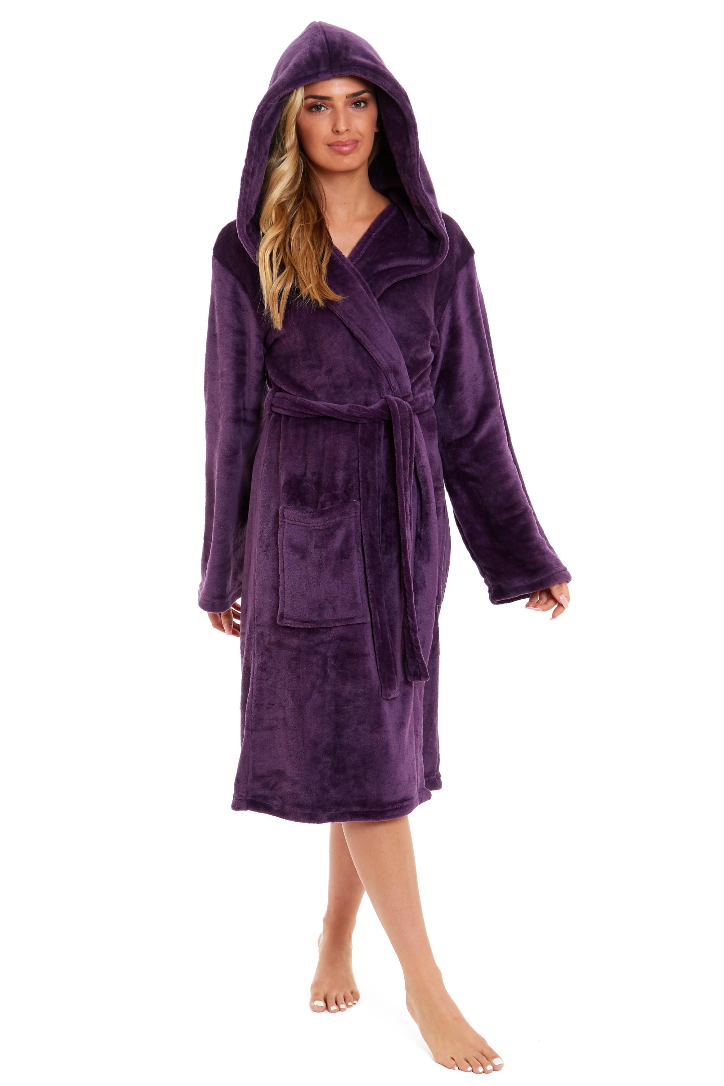 Women's Ultra-Soft Hooded Plush Fleece Dressing Gown Warm Velvet Bathrobe for Lounging and Relaxing in Winter