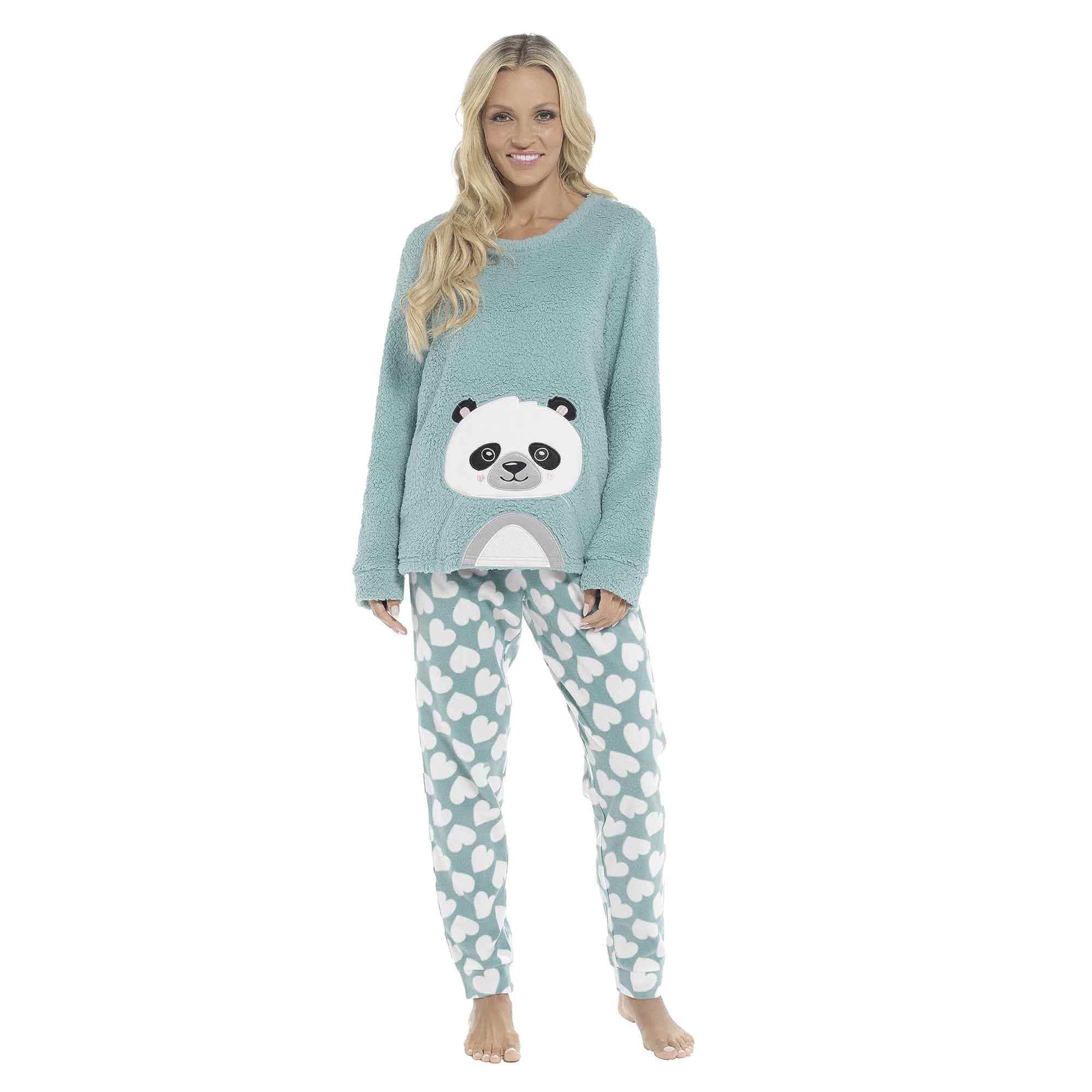 Women's Ultra-Soft Panda Snuggle Fleece Pyjama Set with Long Sleeve Top and Elasticated Bottoms for Lounging and Sleepwear