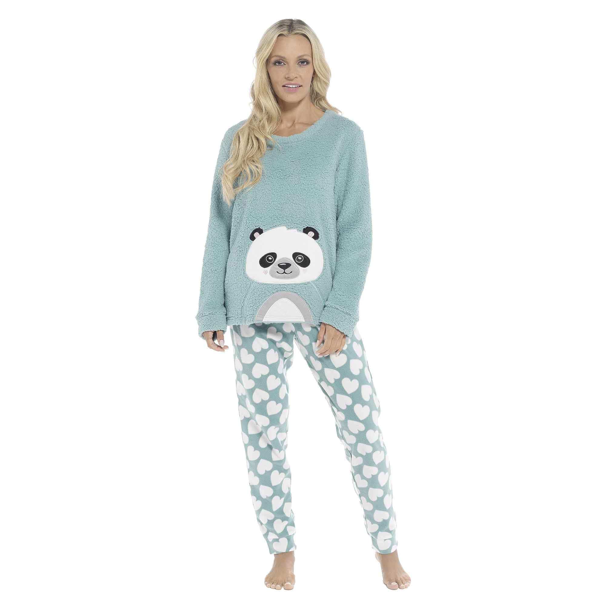 Women's Ultra-Soft Panda Snuggle Fleece Pyjama Set with Long Sleeve Top and Elasticated Bottoms for Lounging and Sleepwear